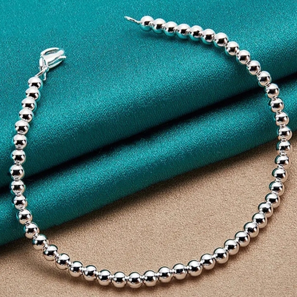 925 stamped Silver plated 4mm beaded ball bracelet - Picture 2 of 5